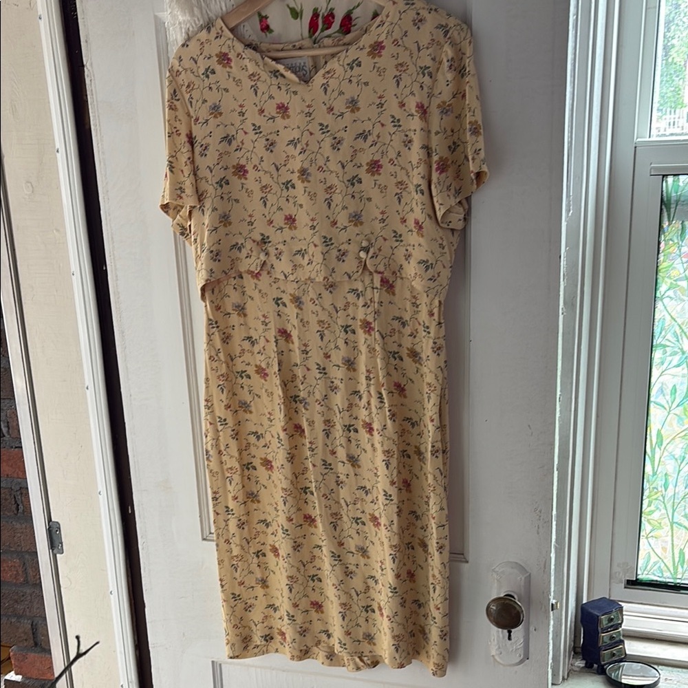 Vintage Cream Sheath Midi Dress Casual Short Sleeve